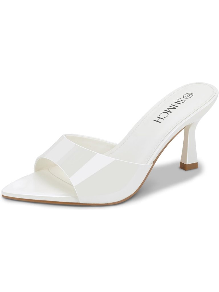 Womenâs White Polyurethane Pointed Toe Mule Heels Slip On Open Kitten Sandals